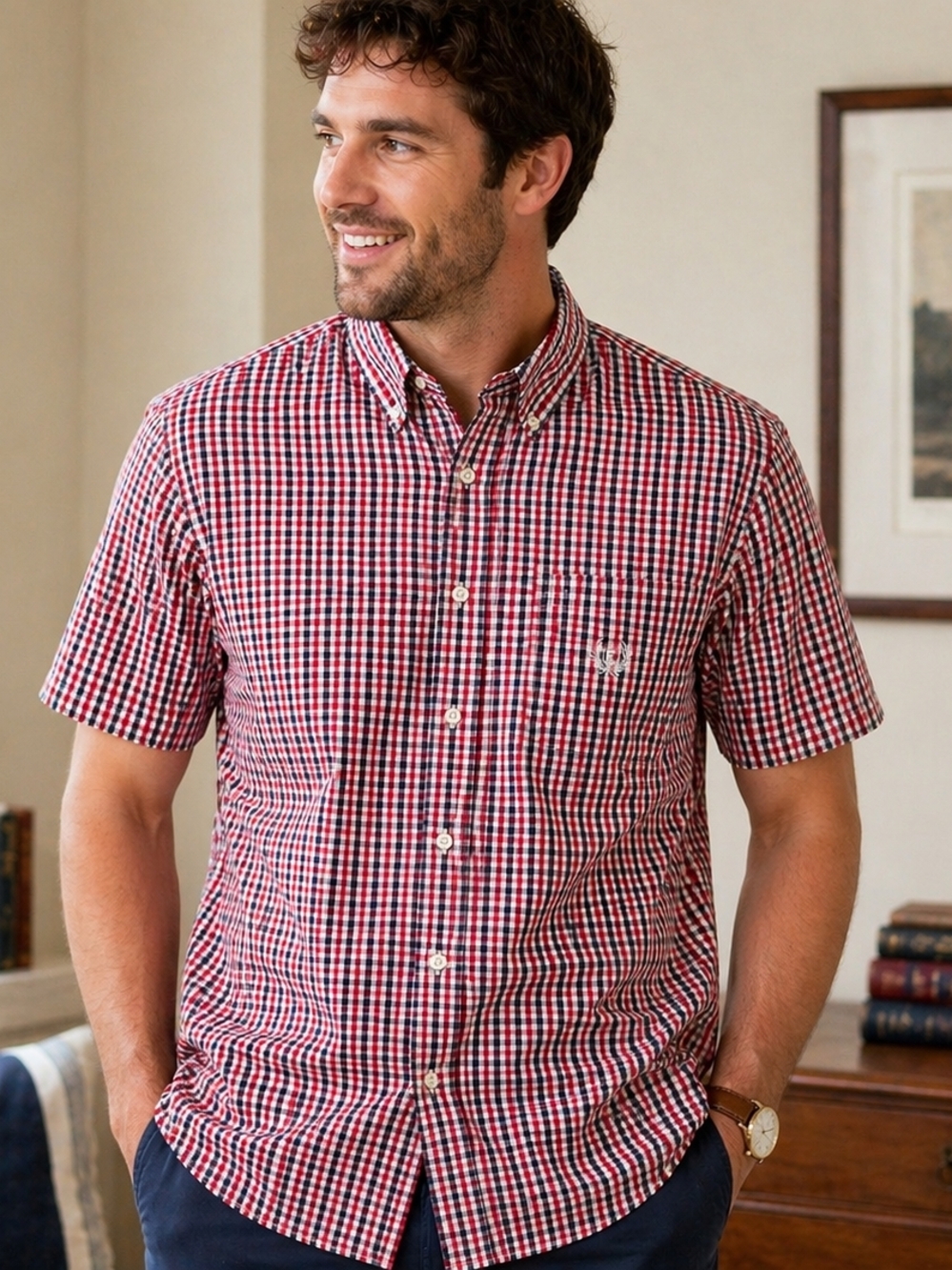 Chaps Red Plaid Button Down Shirt Men’s Large Classic Fit Cotton Preppy Casual